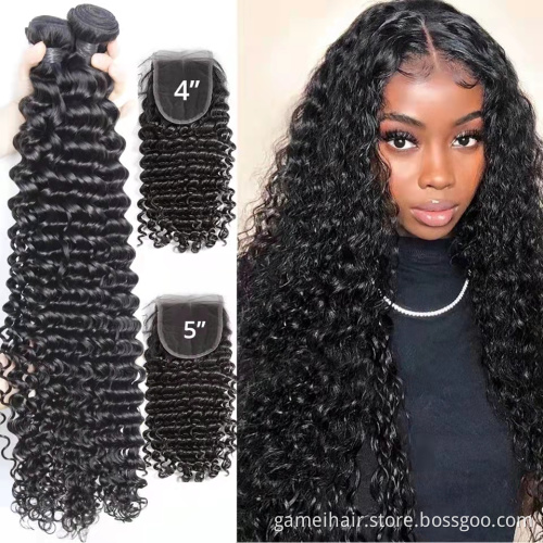 wholesale high quality naturalcolor 4x4" 5x5"transparent lace closure with  deep wave Brazilian Virgin human hair
